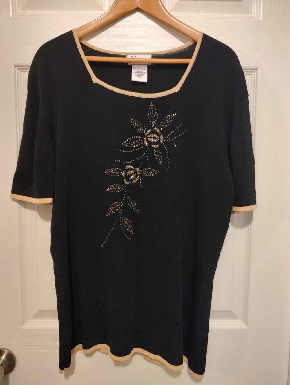 Black Tee Sweater with Beige Trim and Rhinestone Floral Accent - Women